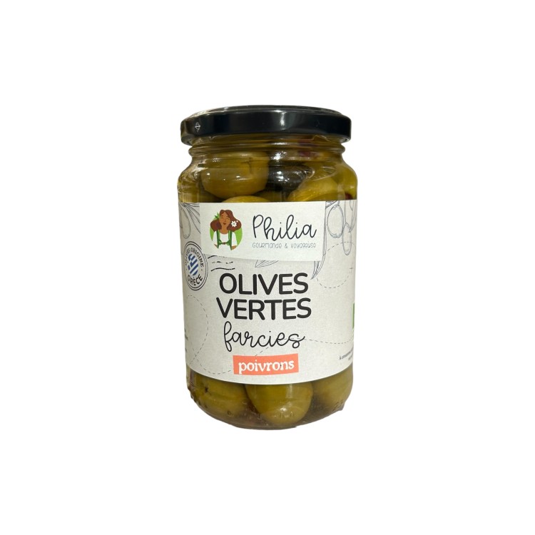 OLIVES VERTES FARCIES AU POIVRON ROUGE (350G / PNE 190G) PHILIA